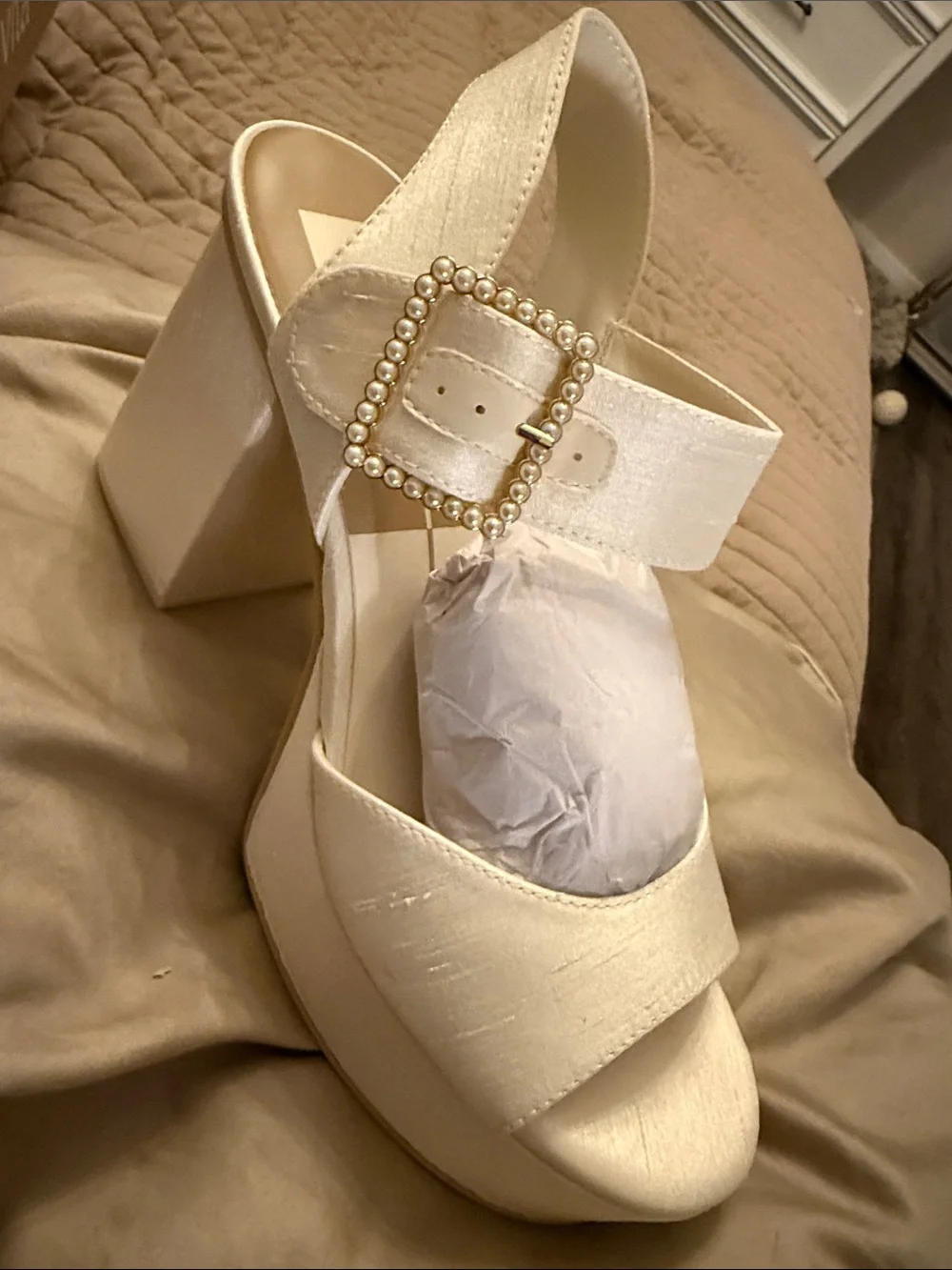 Dolce Vita Cream Pearl-Buckle Platform Sandals